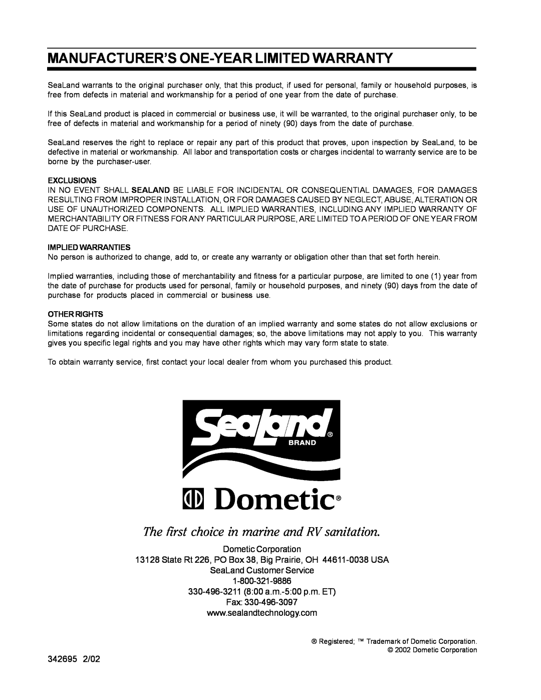 SeaLand Vacuum Pump Manufacturer’S One-Yearlimited Warranty, The first choice in marine and RV sanitation, Exclusions 
