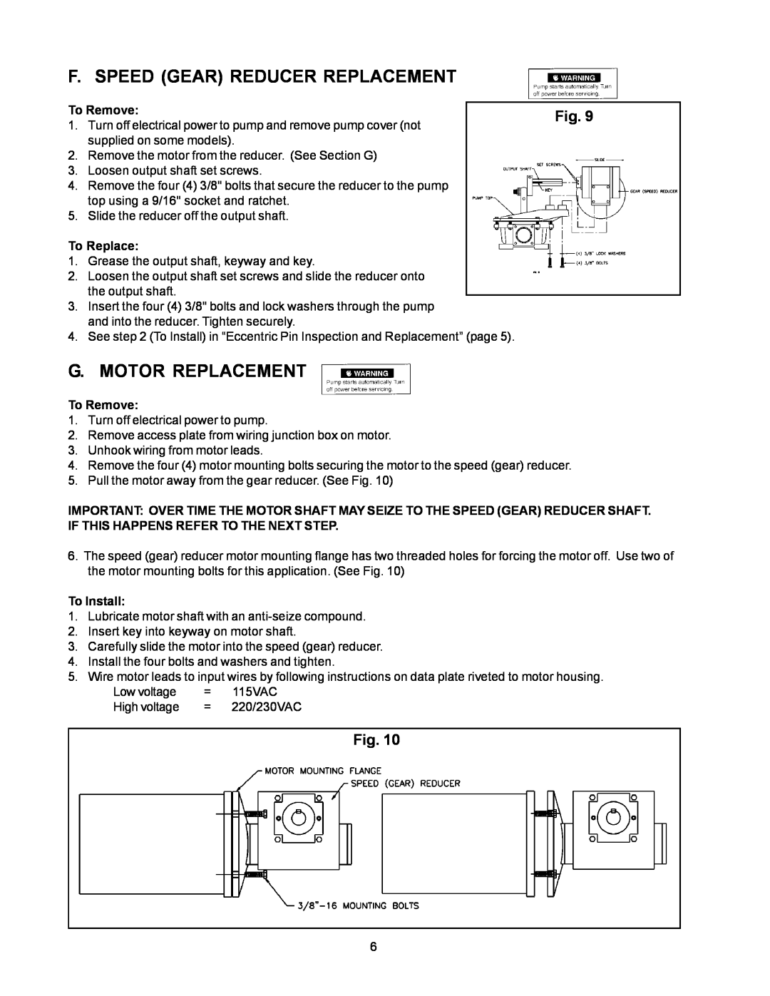SeaLand Vacuum Pump owner manual F. Speed Gear Reducer Replacement, G. Motor Replacement, To Remove, To Replace, To Install 
