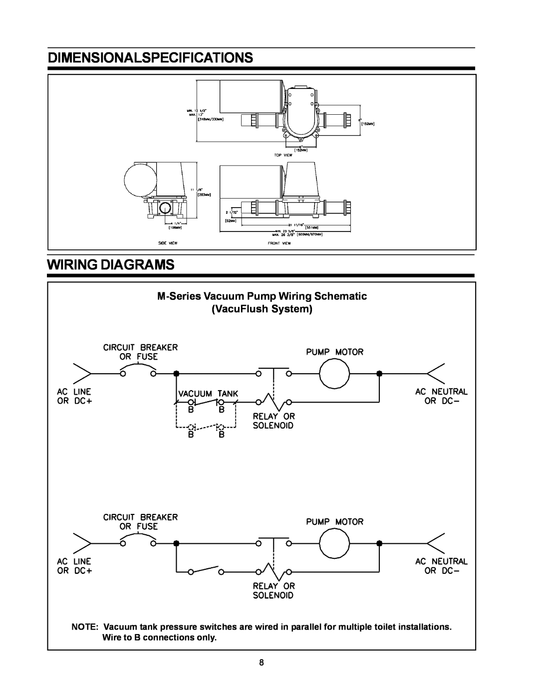 SeaLand owner manual Dimensionalspecifications Wiring Diagrams, M-SeriesVacuum Pump Wiring Schematic, VacuFlush System 