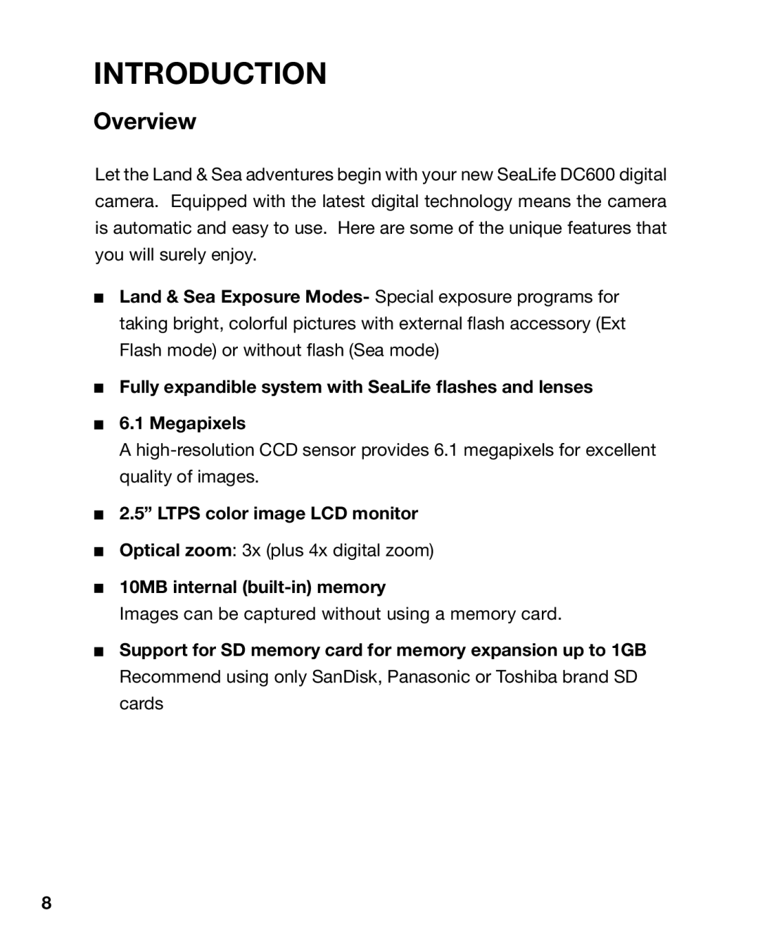 Sealife DC 600 manual Overview, Ltps color image LCD monitor, 10MB internal built-in memory 