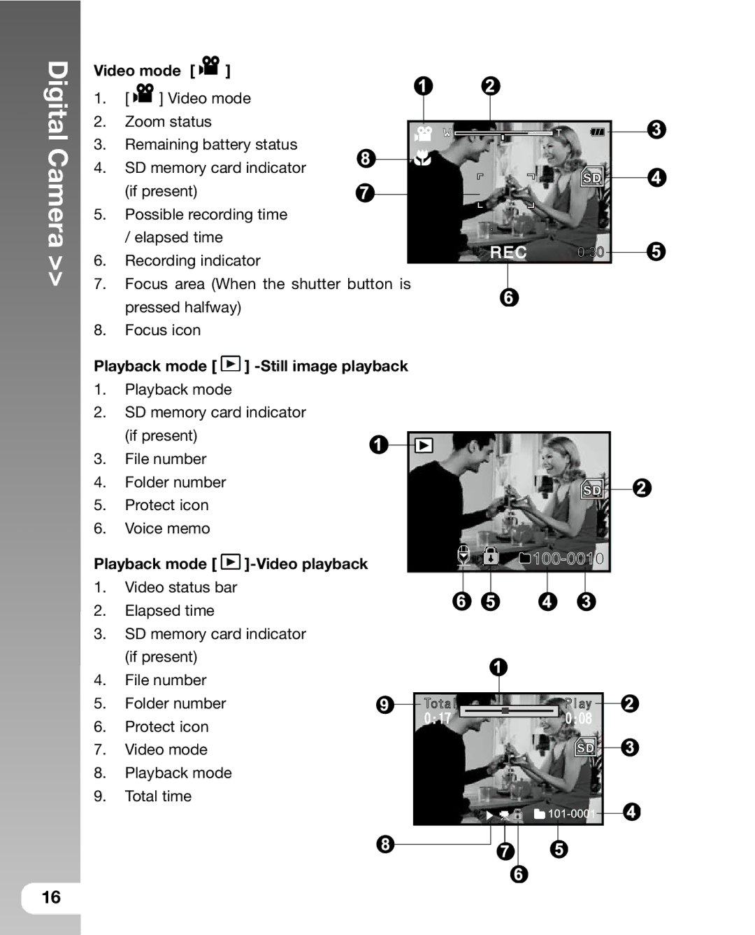 Sealife DC 600 manual Video mode, Playback mode -Still image playback, Playback mode -Video playback 