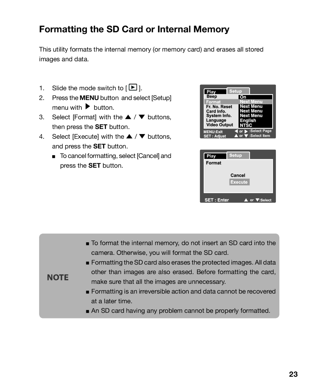 Sealife DC 600 manual Formatting the SD Card or Internal Memory, User’s Manual 