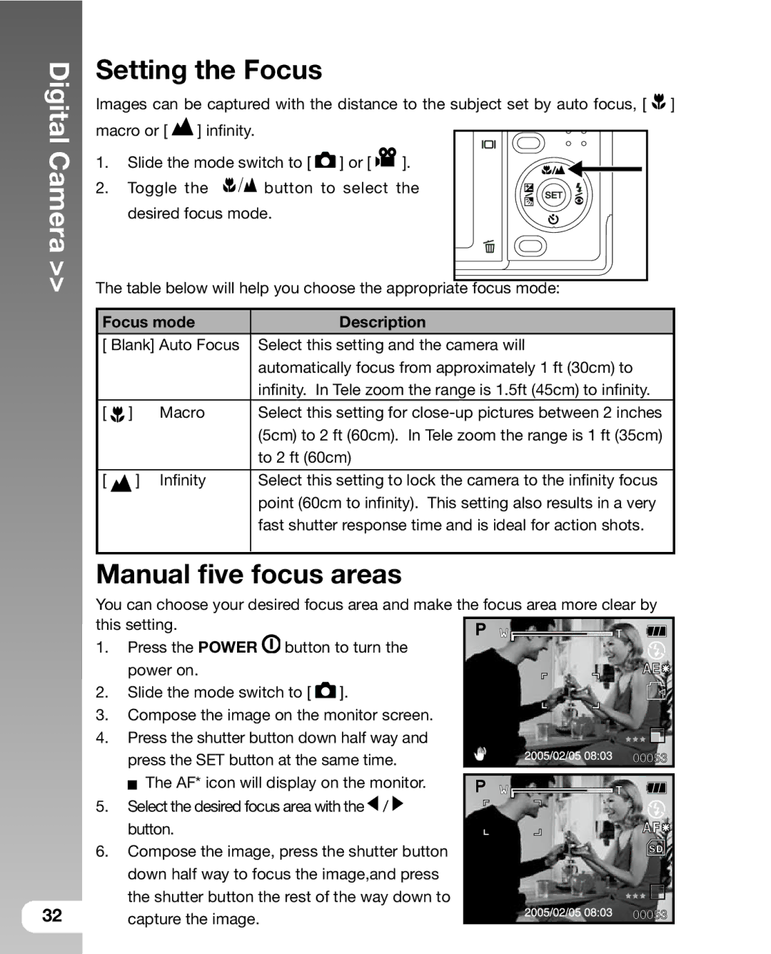 Sealife DC 600 manual Setting the Focus, Manual ﬁve focus areas, Focus mode Description 