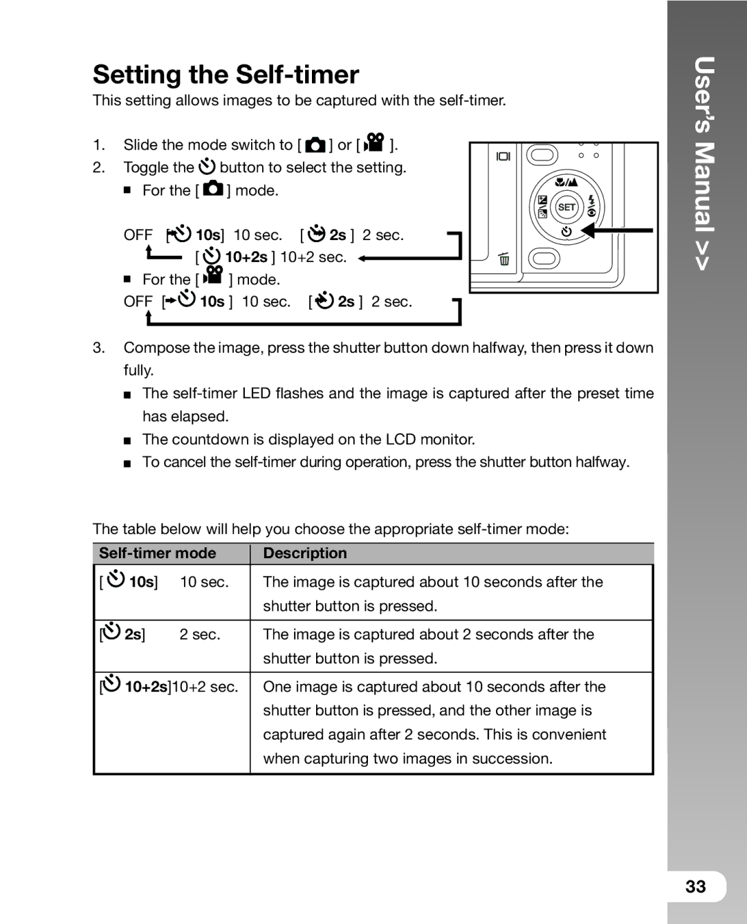 Sealife DC 600 manual Setting the Self-timer, Self-timer mode Description 10s 