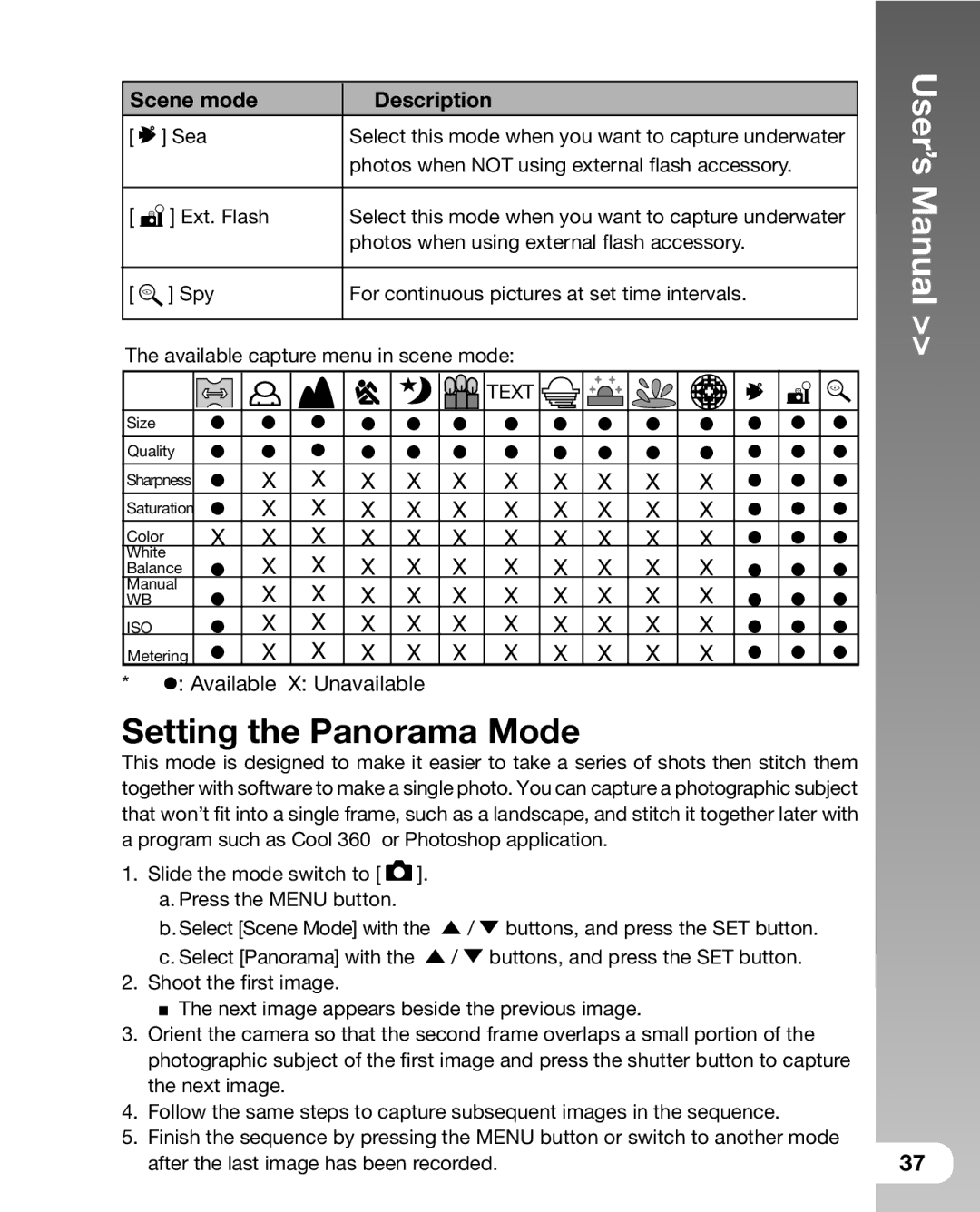 Sealife DC 600 manual Setting the Panorama Mode, Scene mode Description 