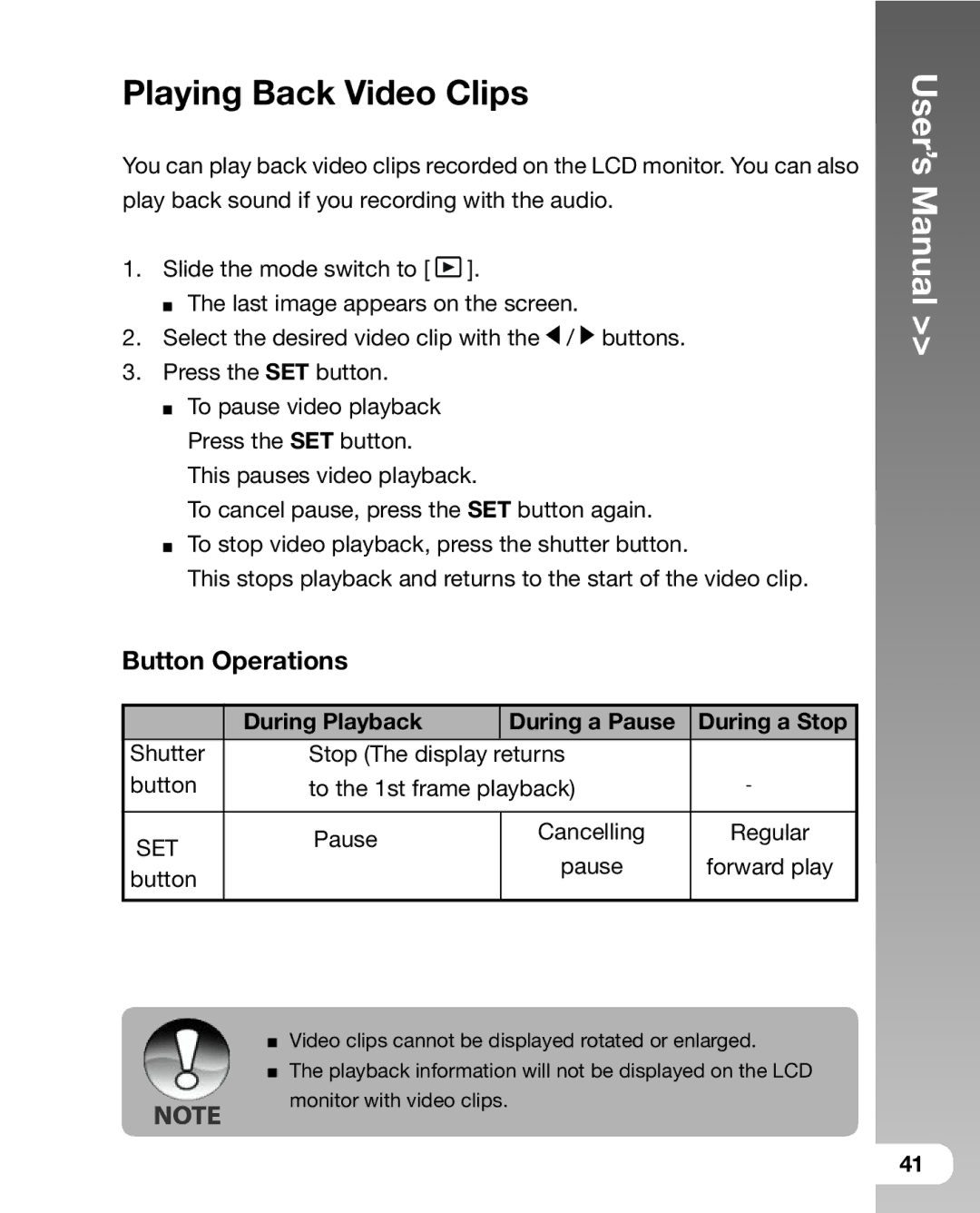 Sealife DC 600 manual Playing Back Video Clips, Button Operations, During Playback During a Pause During a Stop 