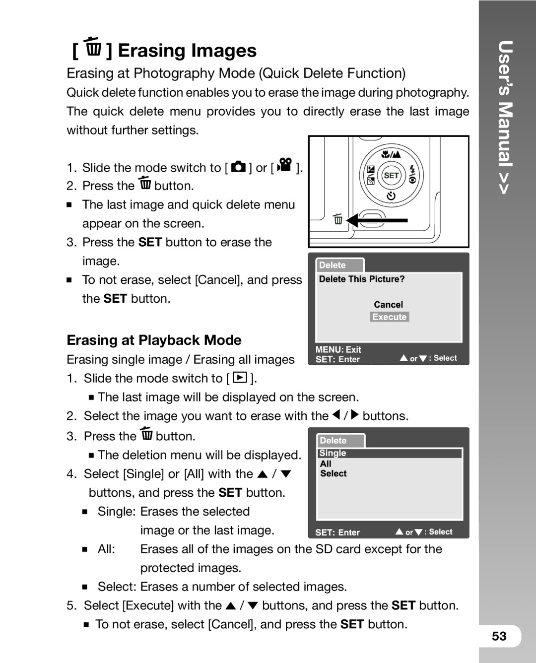 Sealife DC 600 manual Erasing Images, Erasing at Playback Mode 