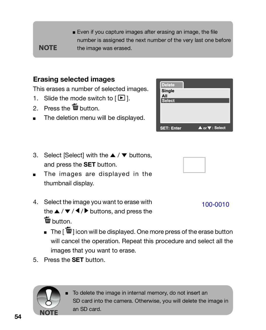 Sealife DC 600 manual Erasing selected images, 100-0010 