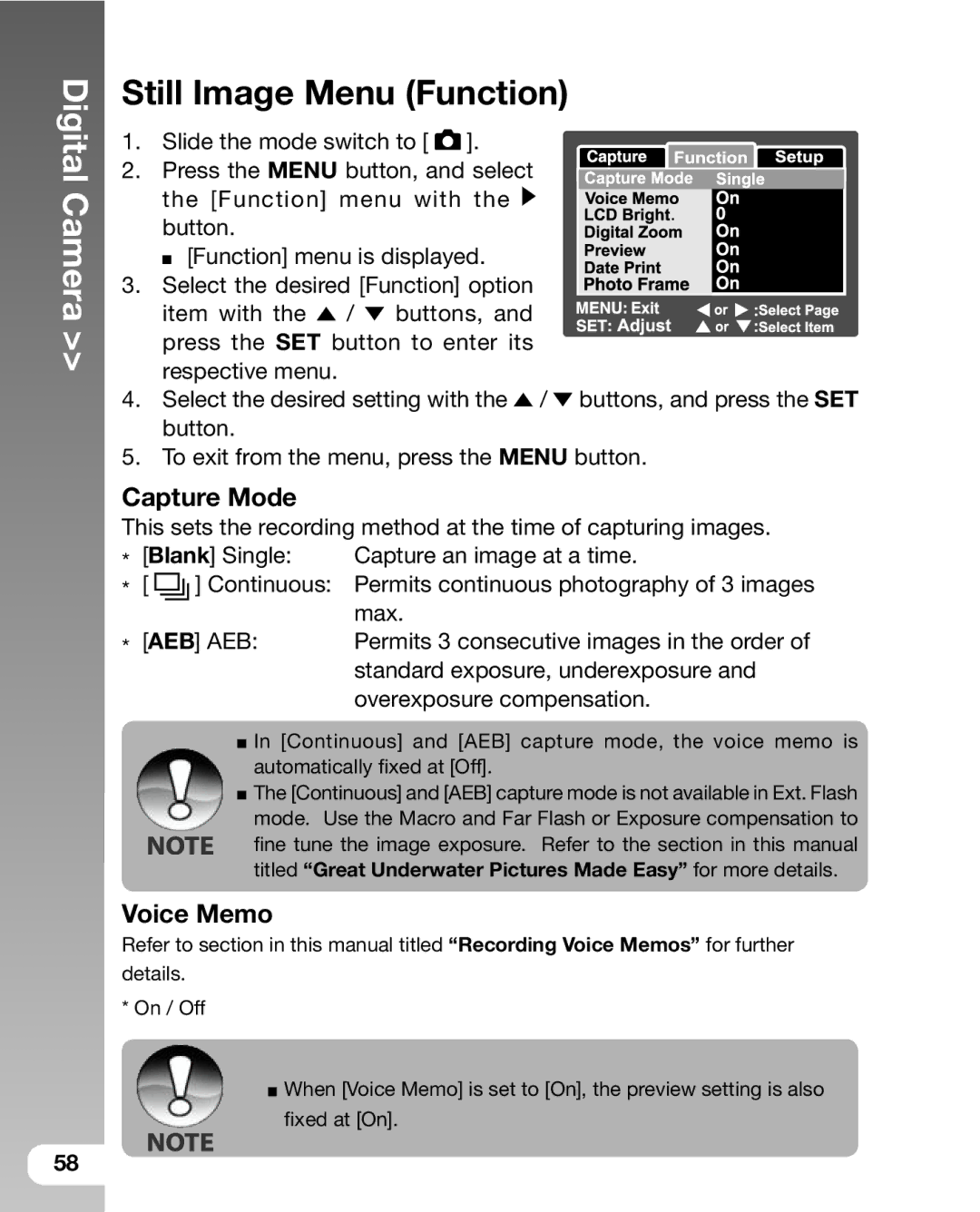 Sealife DC 600 manual Still Image Menu Function, Capture Mode, Voice Memo 