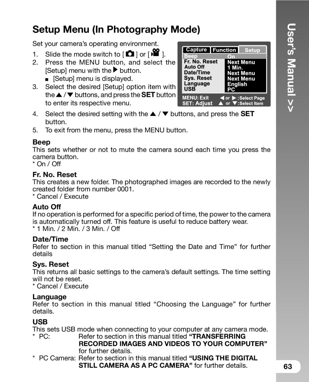Sealife DC 600 manual Beep, Fr. No. Reset, Auto Off, Date/Time, Sys. Reset, Language 