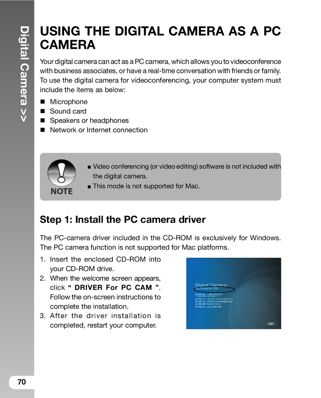 Sealife DC 600 manual Using the Digital Camera AS a PC Camera, Install the PC camera driver 