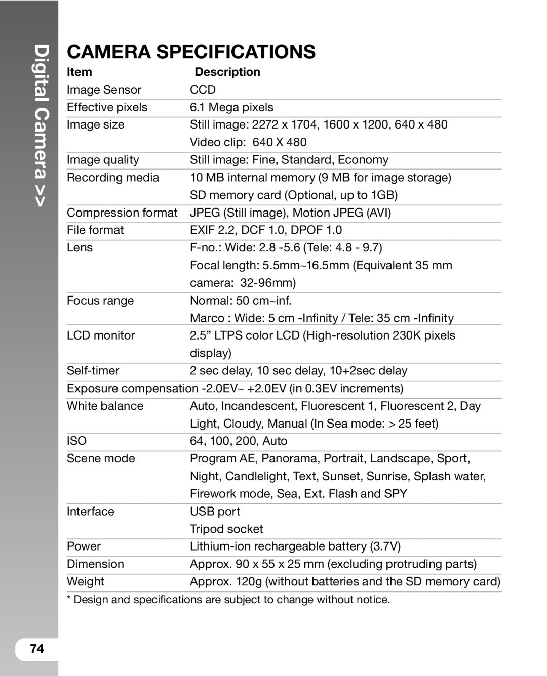 Sealife DC 600 manual Camera Specifications 