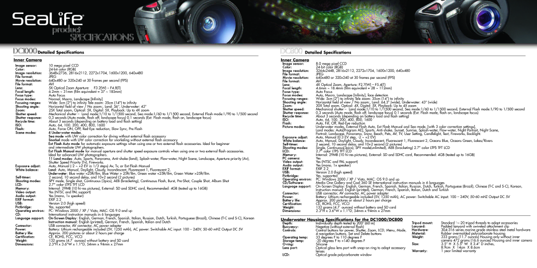 Sealife DC1000 manual Detailed Specifications Inner Camera 