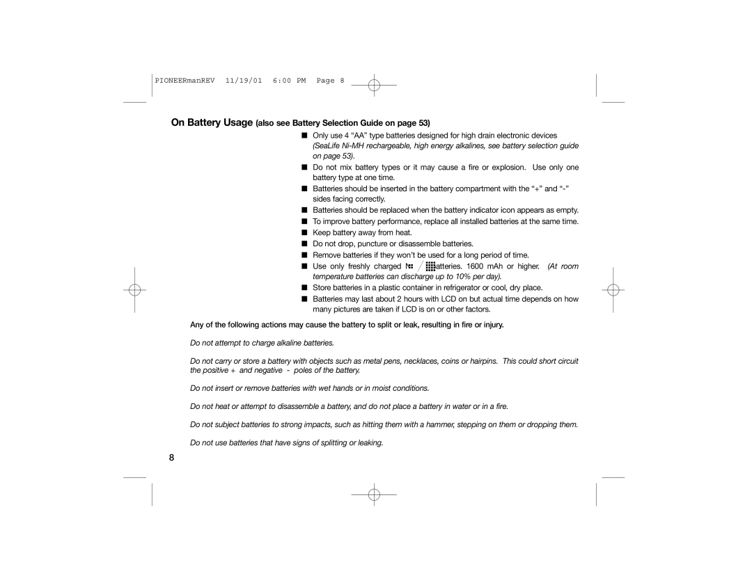 Sealife DC100, DC200 manual On Battery Usage also see Battery Selection Guide on 