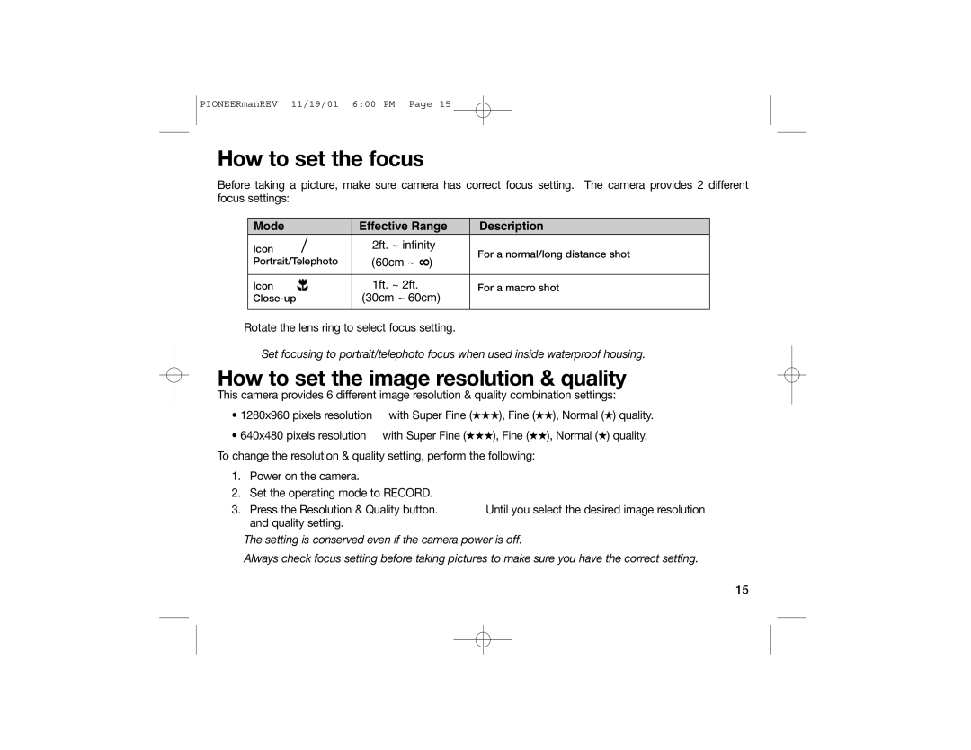 Sealife DC200, DC100 manual How to set the focus, How to set the image resolution & quality 