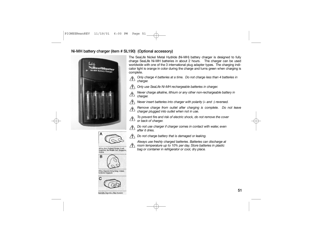 Sealife DC200, DC100 manual Ni-MH battery charger item # SL190 Optional accessory 