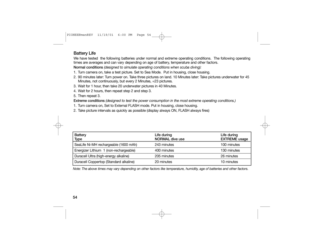 Sealife DC100, DC200 manual Battery Life 