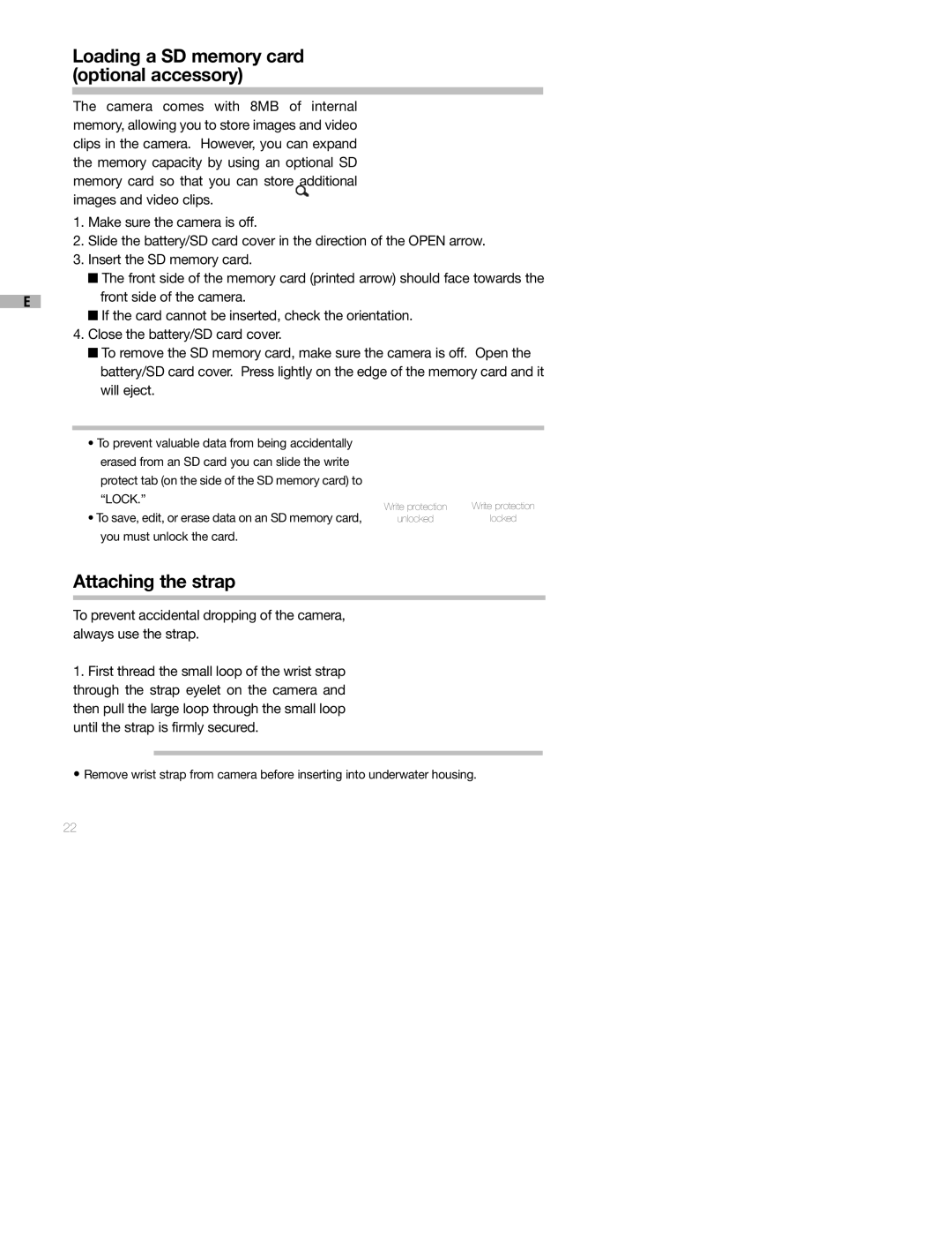 Sealife DC250 manual Loading a SD memory card optional accessory, Attaching the strap 