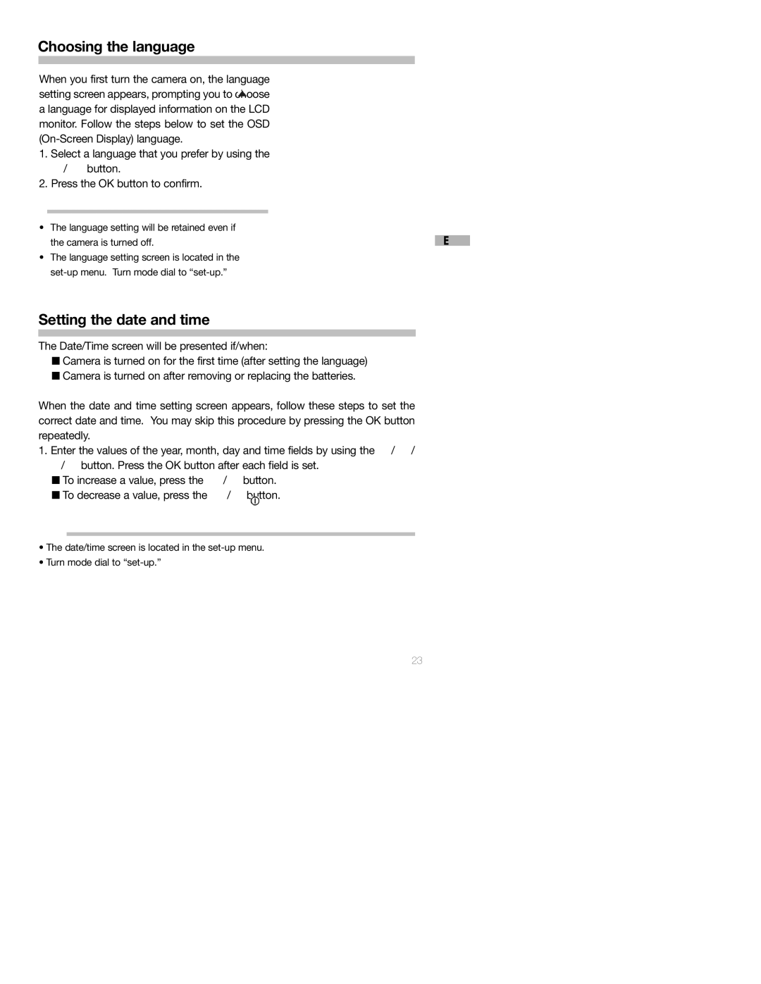 Sealife DC250 manual Choosing the language, Setting the date and time 