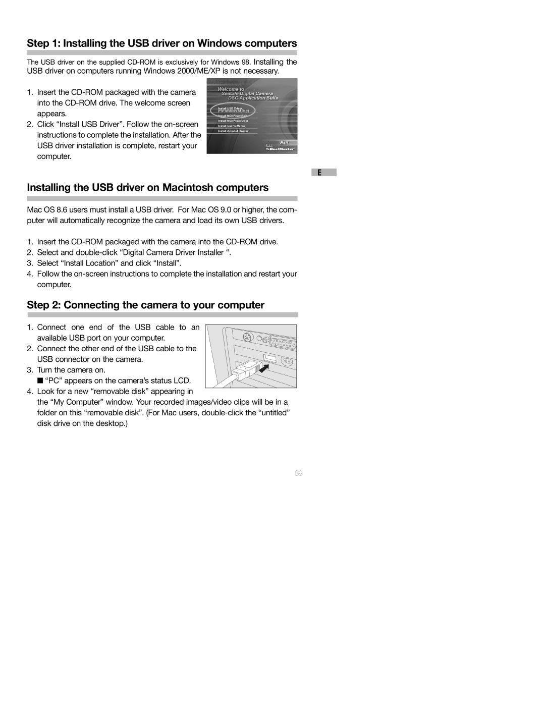 Sealife DC250 manual Installing the USB driver on Windows computers, Installing the USB driver on Macintosh computers 