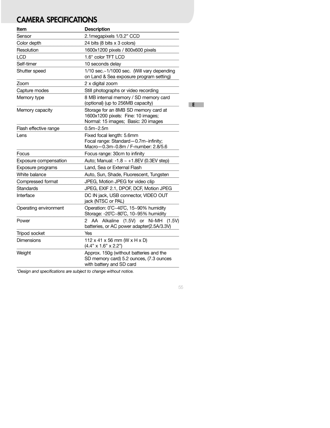 Sealife DC250 manual Camera Specifications, Lcd 