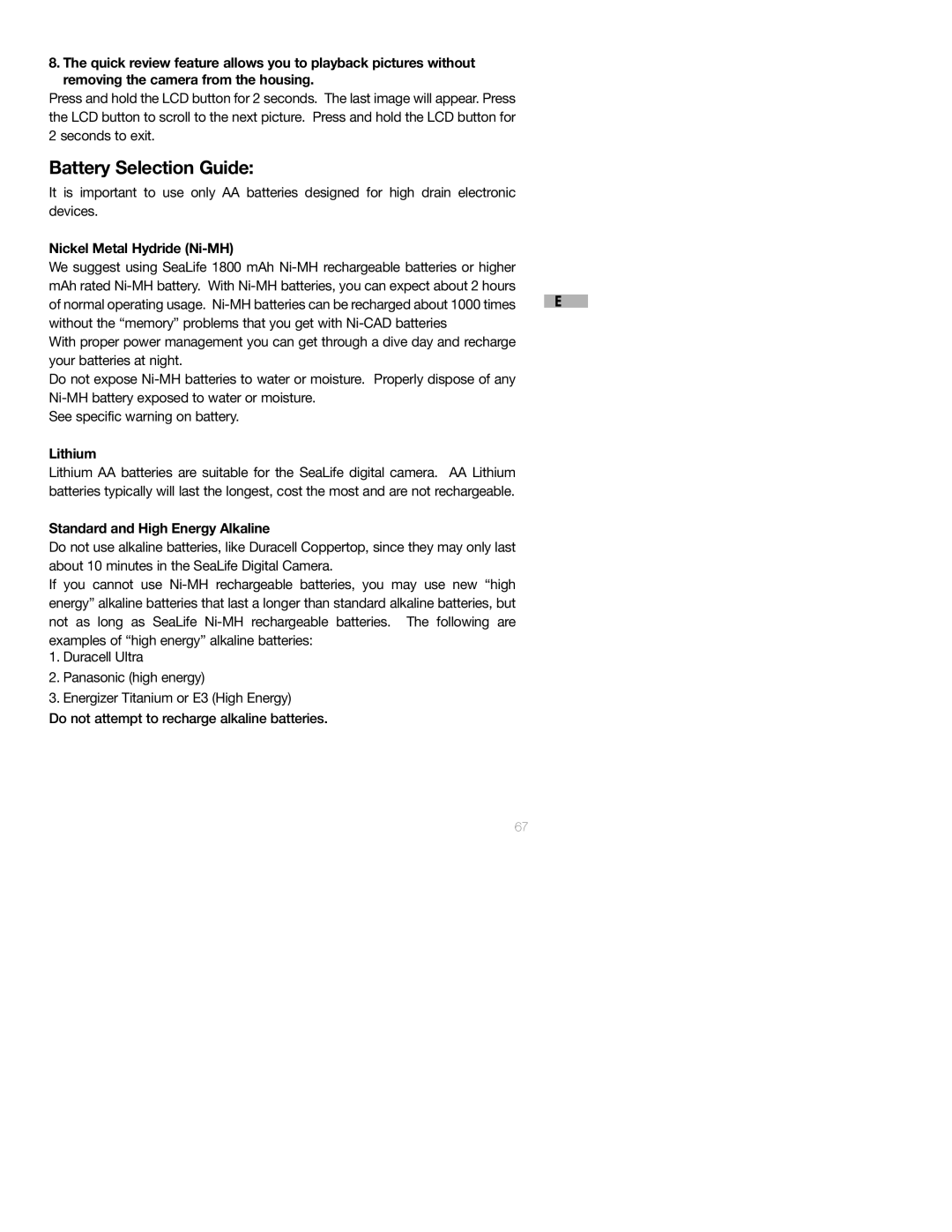 Sealife DC250 manual Battery Selection Guide, Nickel Metal Hydride Ni-MH, Lithium, Standard and High Energy Alkaline 