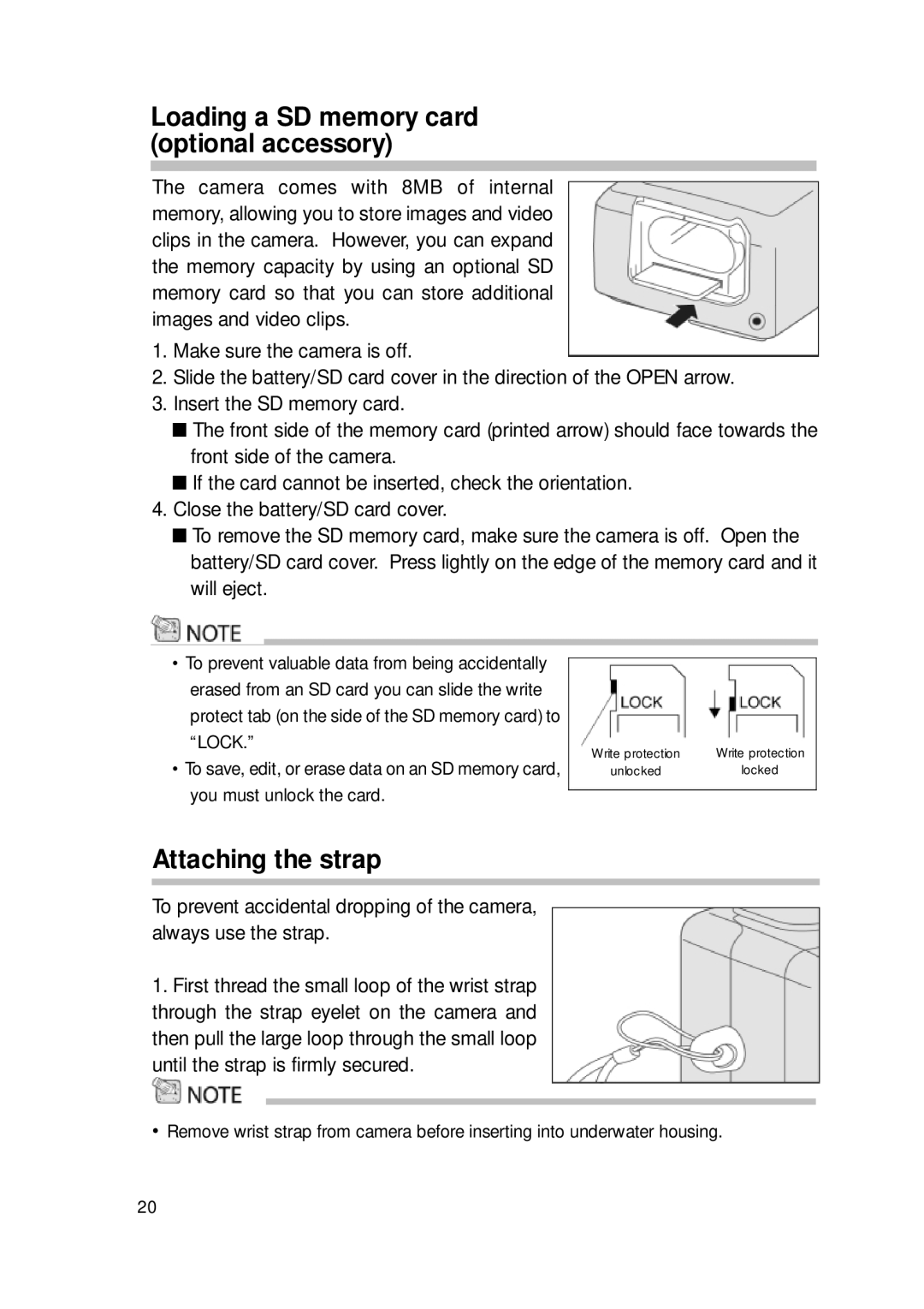 Sealife DC300/DC310 manual Loading a SD memory card optional accessory, Attaching the strap 