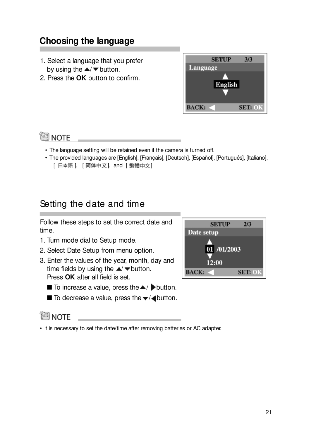 Sealife DC300/DC310 manual Choosing the language, Setting the date and time 