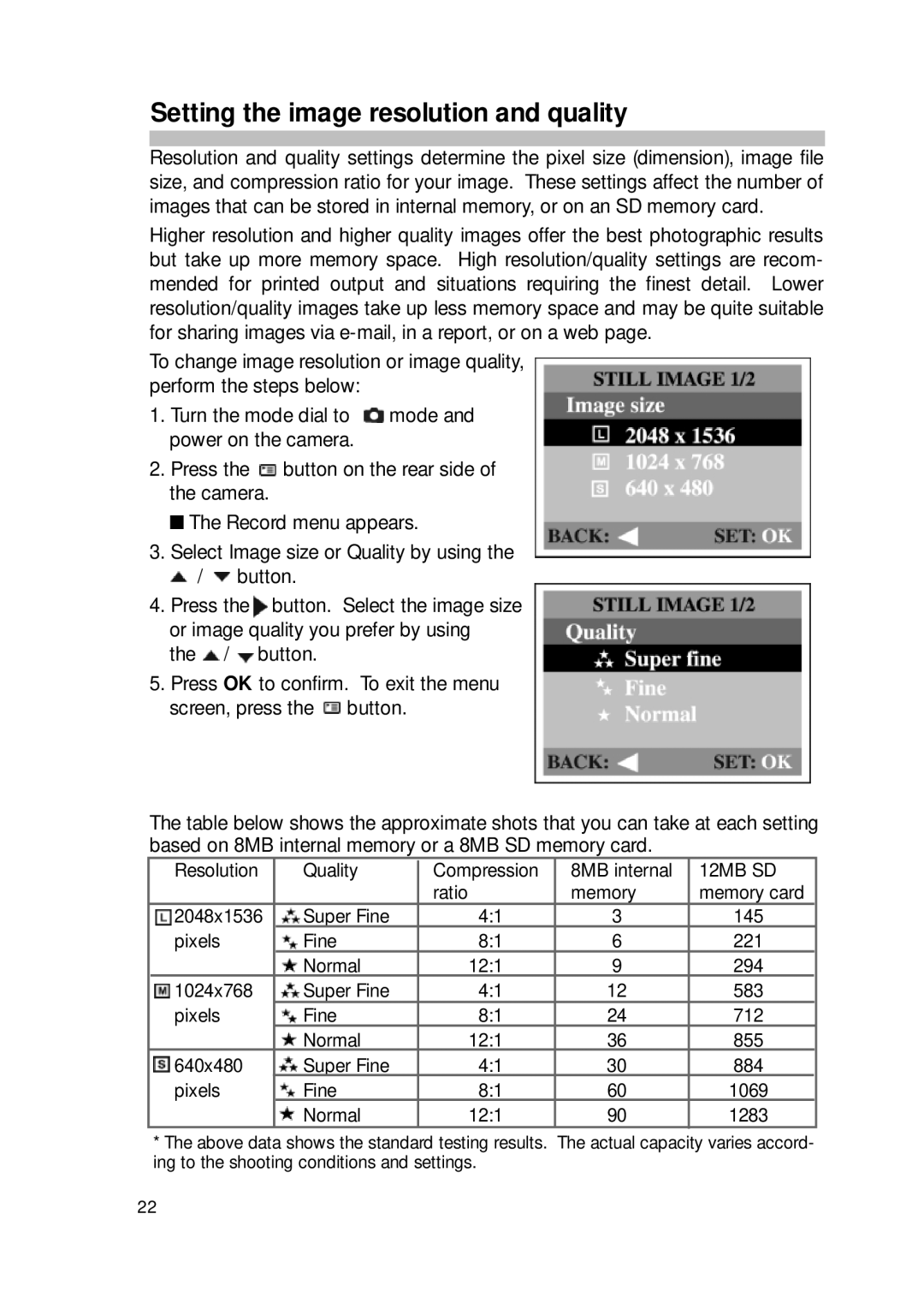 Sealife DC300/DC310 manual Setting the image resolution and quality, 12MB SD 