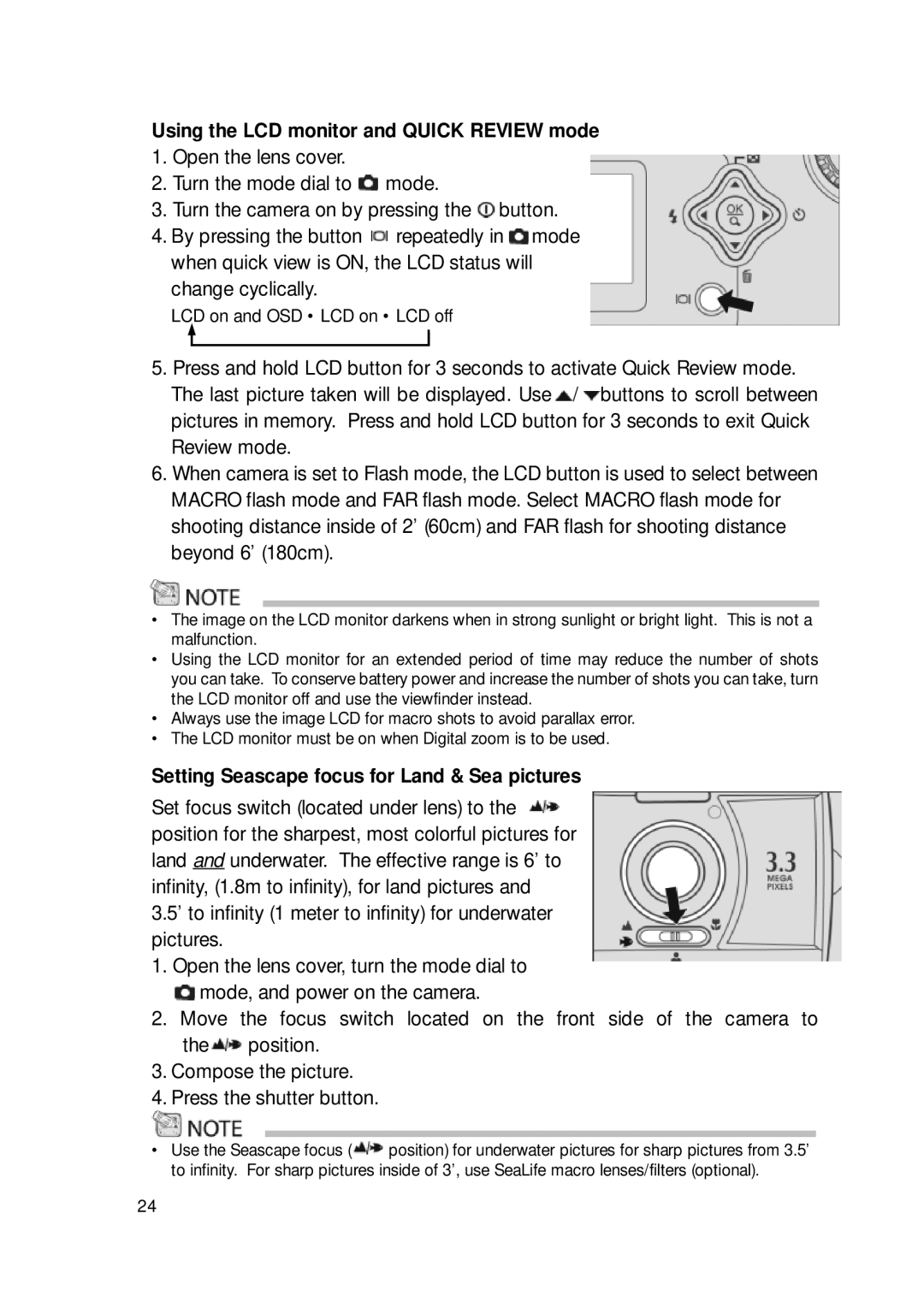 Sealife DC300/DC310 manual Using the LCD monitor and Quick Review mode, Setting Seascape focus for Land & Sea pictures 