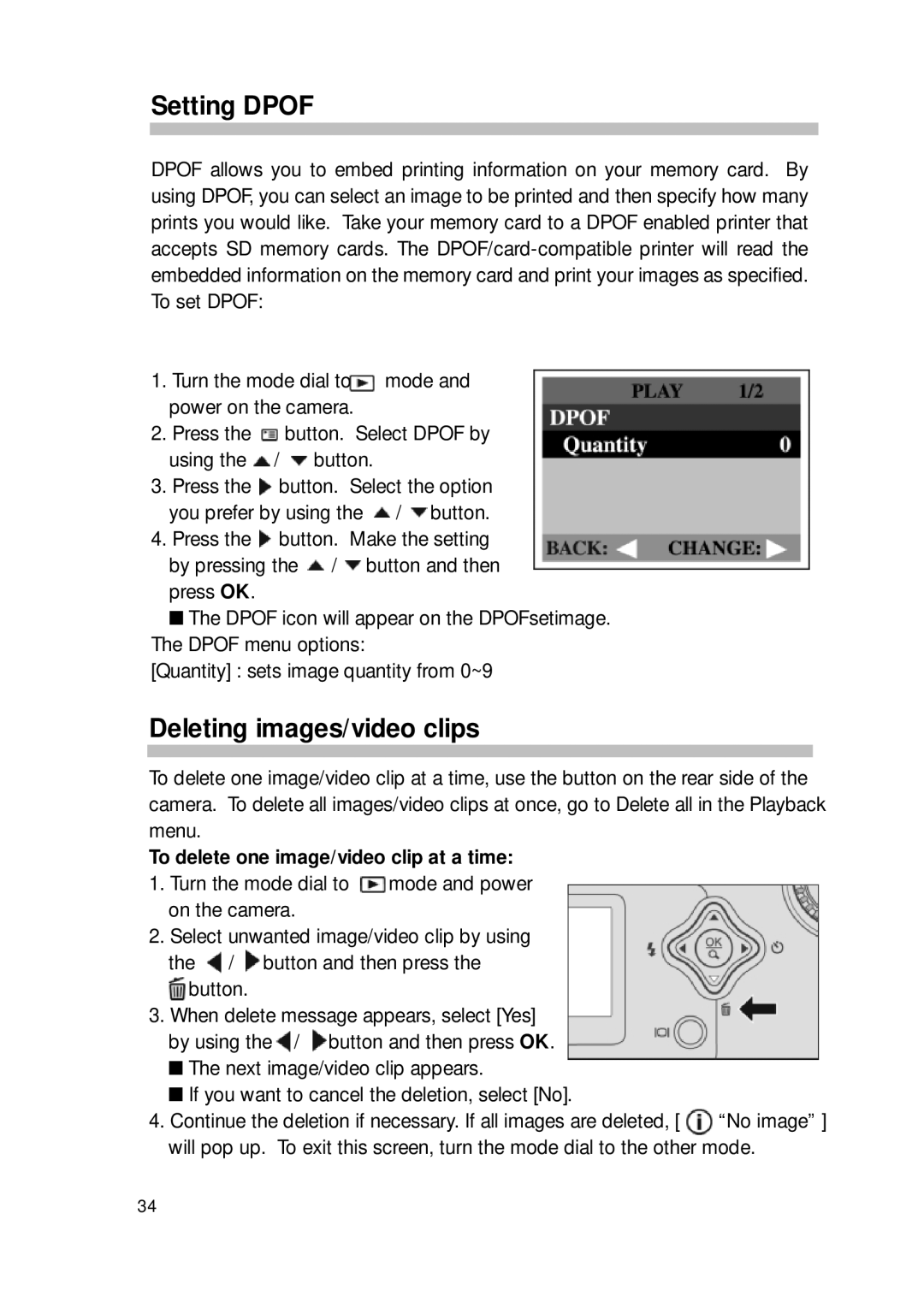 Sealife DC300/DC310 manual Setting Dpof, Deleting images/video clips, To delete one image/video clip at a time 