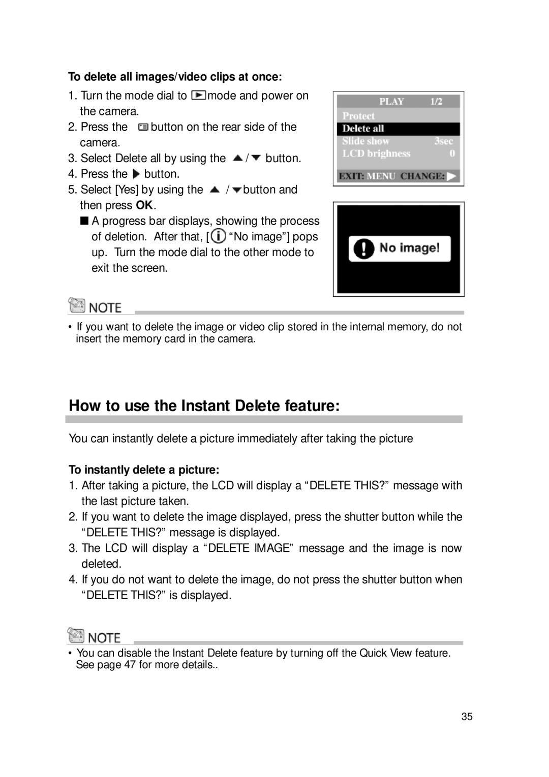 Sealife DC300/DC310 manual How to use the Instant Delete feature, To delete all images/video clips at once 