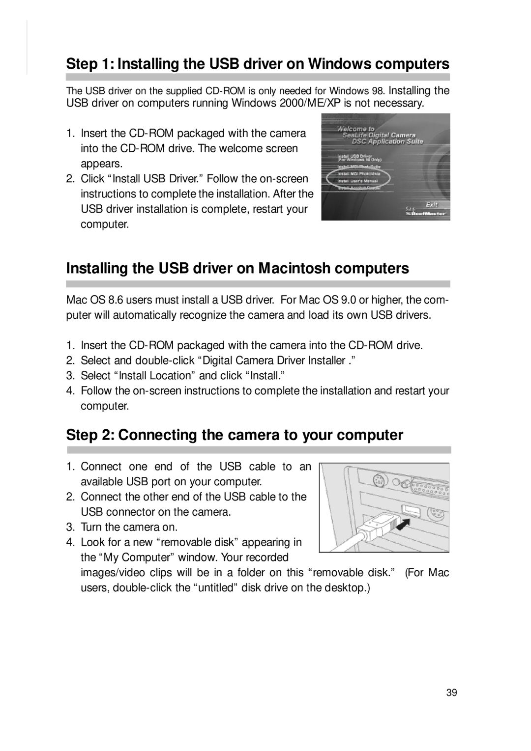 Sealife DC300/DC310 manual Installing the USB driver on Windows computers, Installing the USB driver on Macintosh computers 