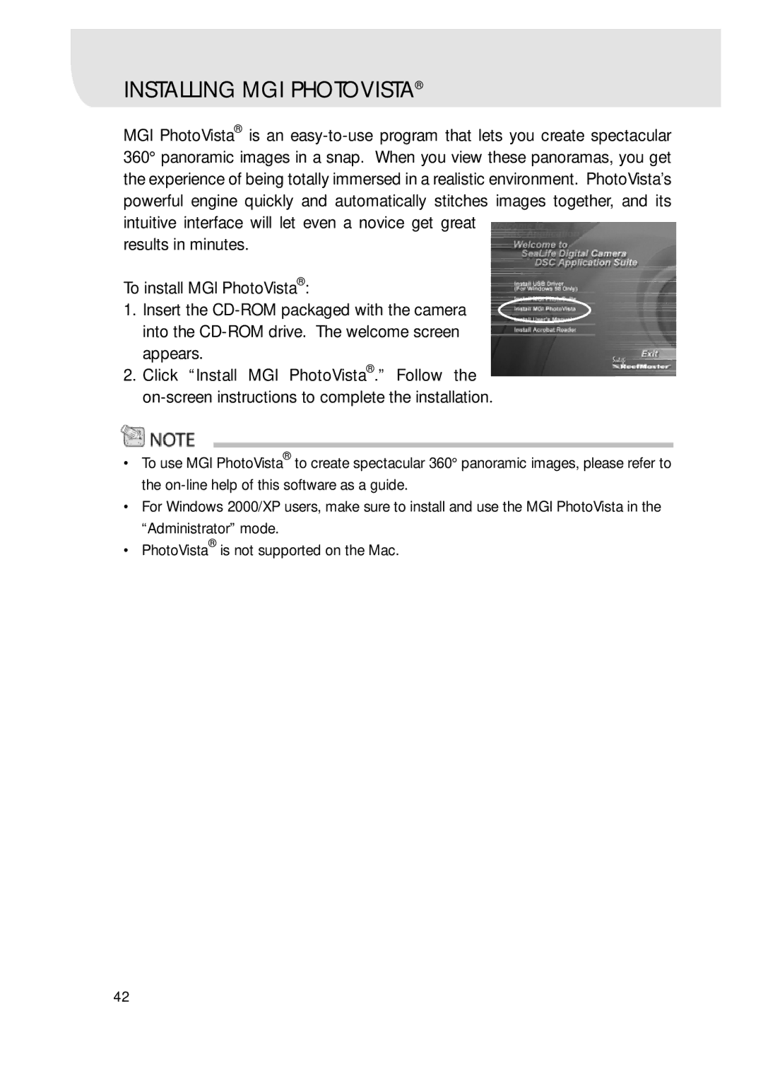 Sealife DC300/DC310 manual Installing MGI Photovista 