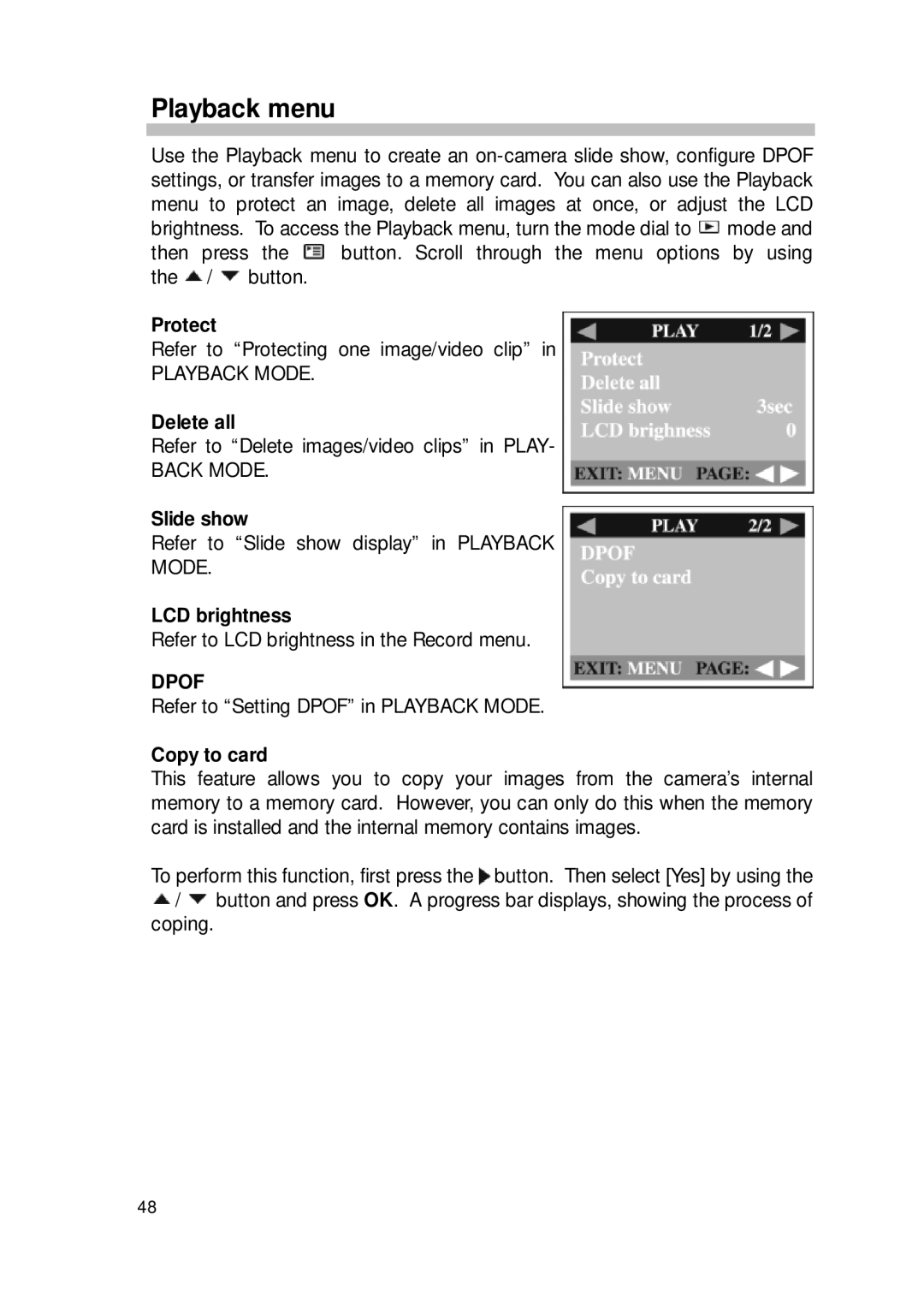 Sealife DC300/DC310 manual Playback menu, Protect, Delete all, Slide show, Copy to card 