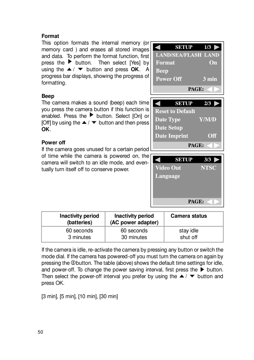 Sealife DC300/DC310 manual Format, Beep, Power off, Inactivity period Camera status 