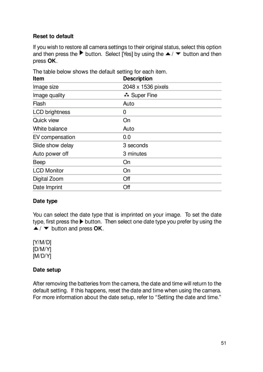 Sealife DC300/DC310 manual Reset to default, Description, Date type, Date setup 