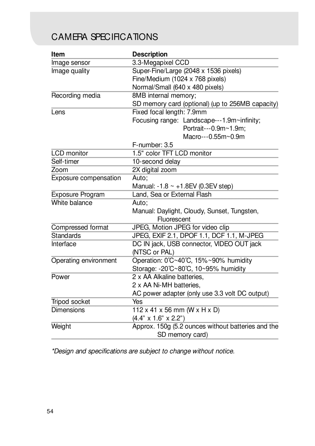 Sealife DC300/DC310 manual Camera Specifications, Description 