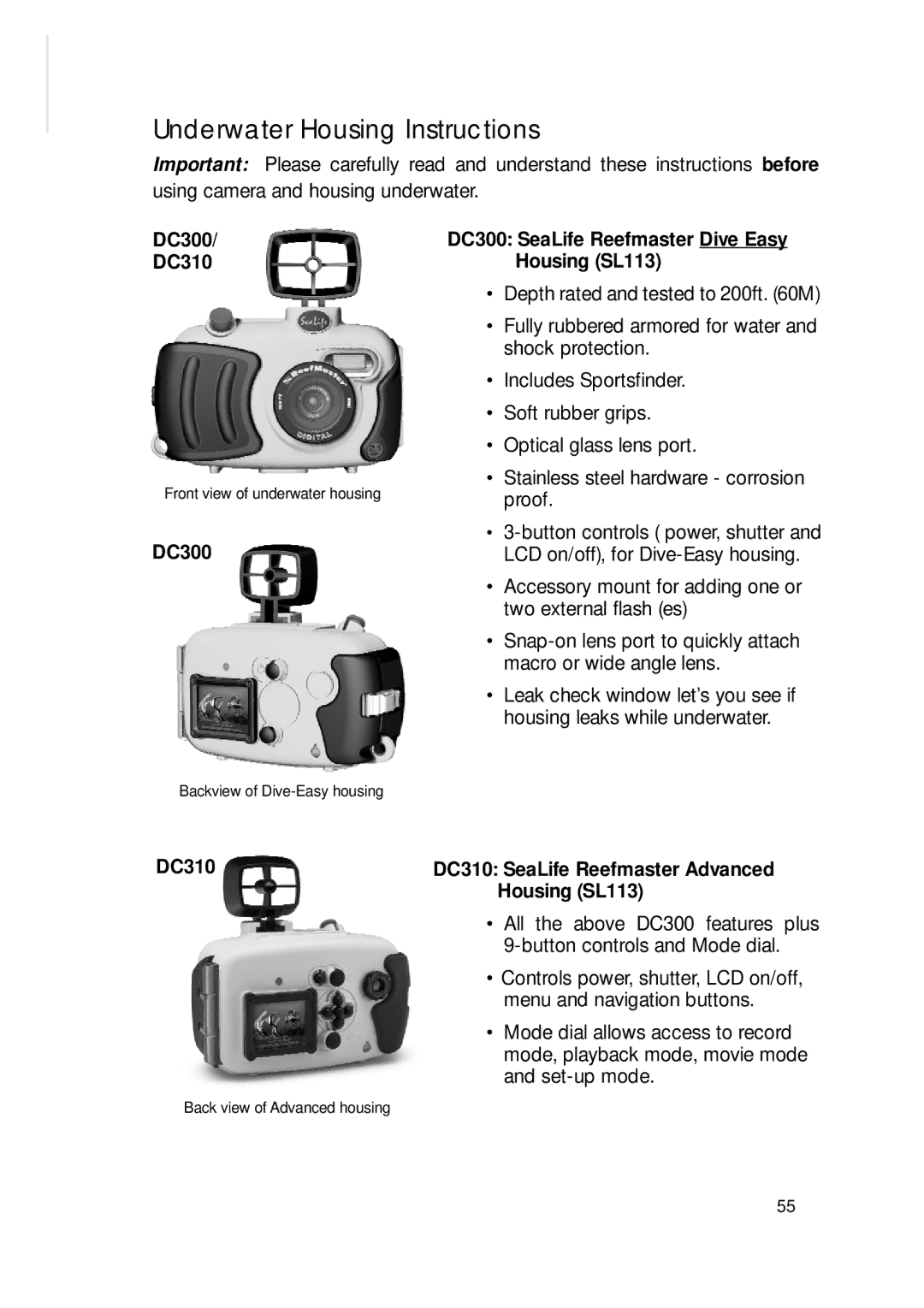 Sealife DC300/DC310 Underwater Housing Instructions, DC300 DC310, DC300 DC300 SeaLife Reefmaster Dive Easy Housing SL113 