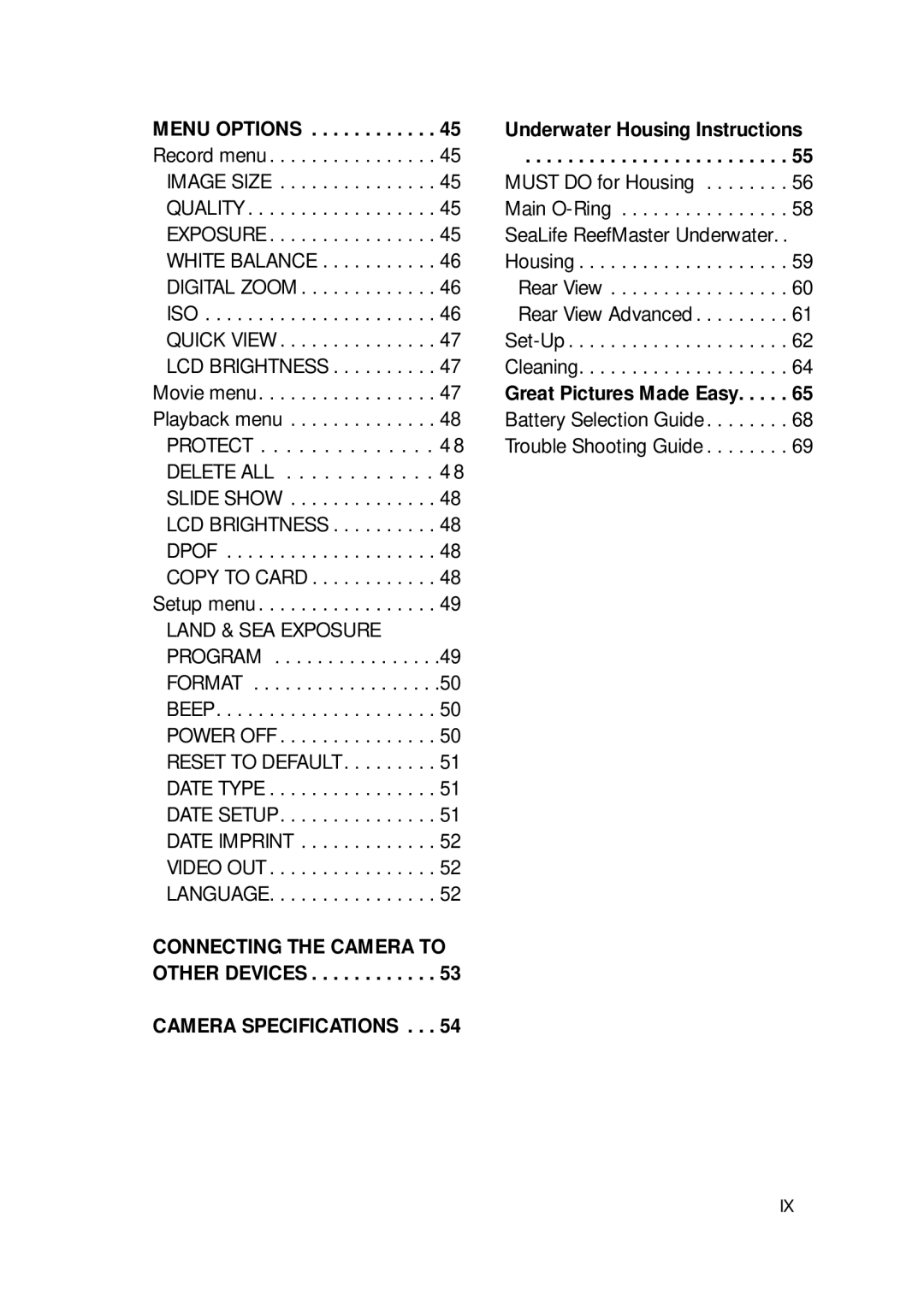 Sealife DC300/DC310 manual Menu Options, Underwater Housing Instructions, Great Pictures Made Easy 