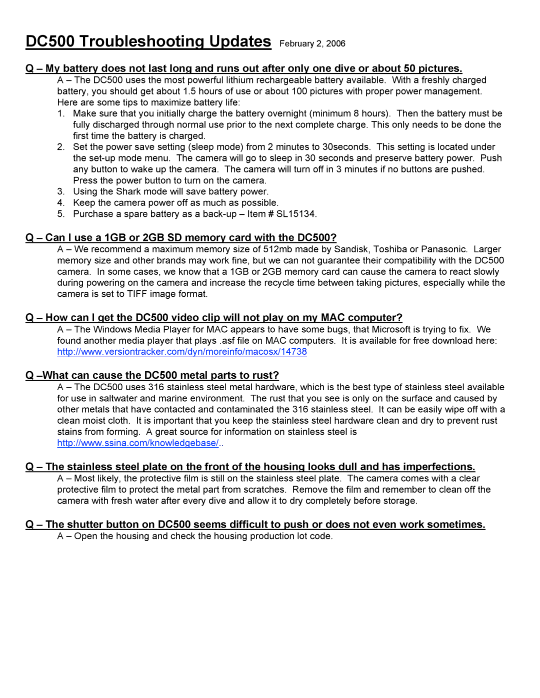 Sealife manual DC500 Troubleshooting Updates February 2, Can I use a 1GB or 2GB SD memory card with the DC500? 