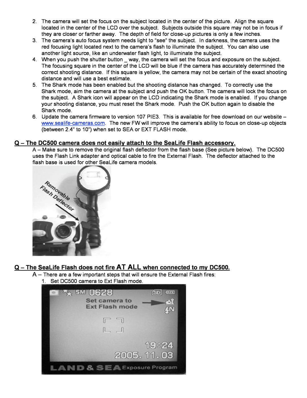 Sealife manual Set DC500 camera to Ext Flash mode 