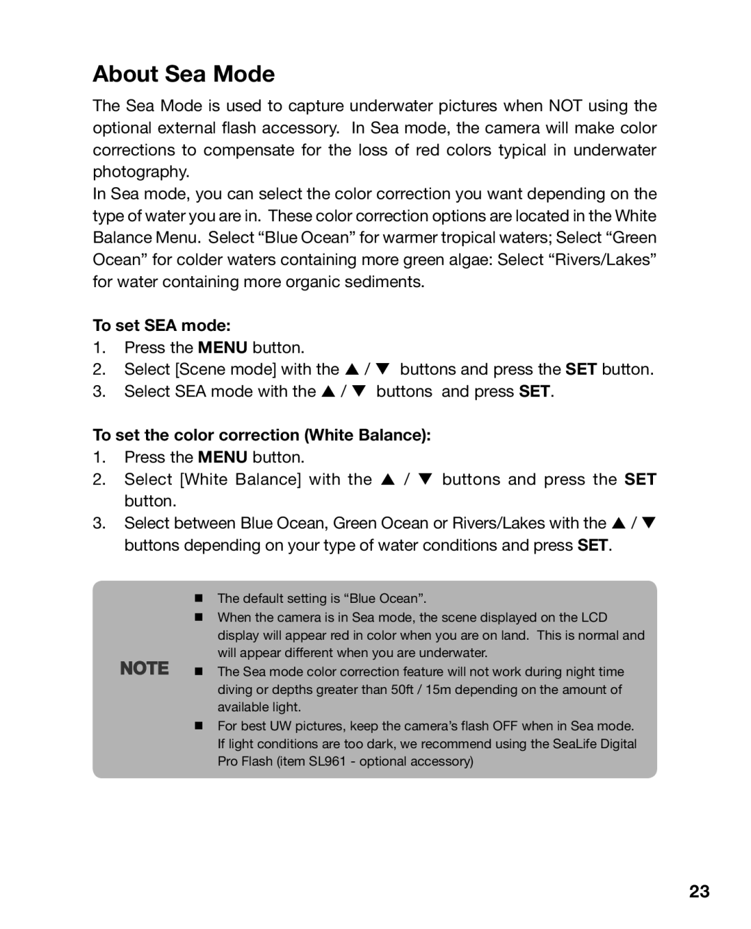 Sealife DC800 manual About Sea mode, About Sea Mode, To set SEA mode, To set the color correction White Balance 