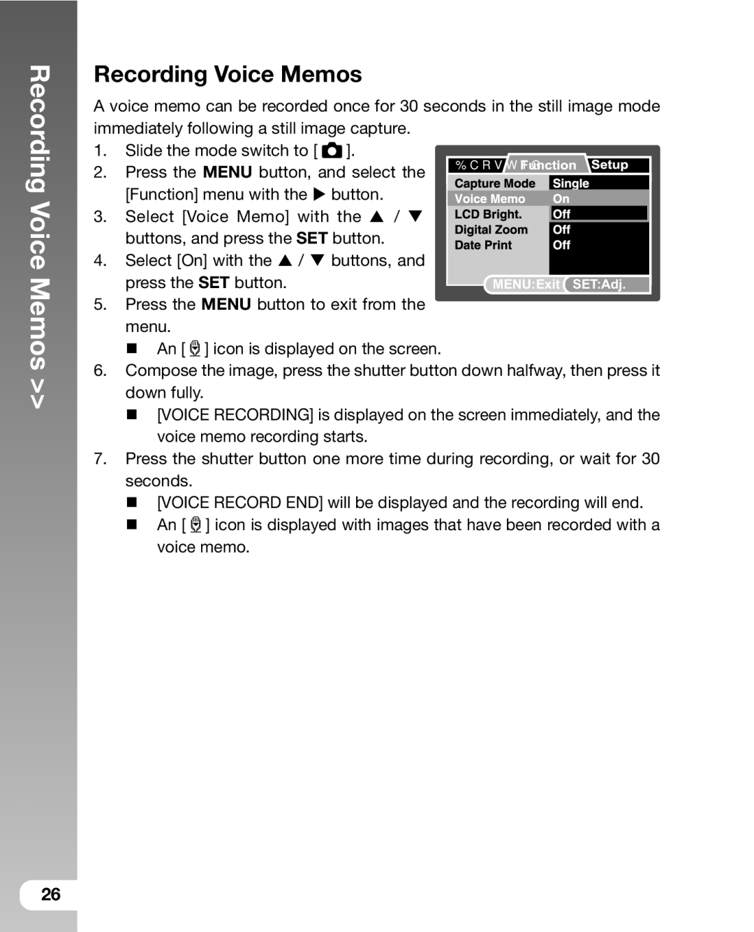 Sealife DC800 manual Recording Voice Memos 