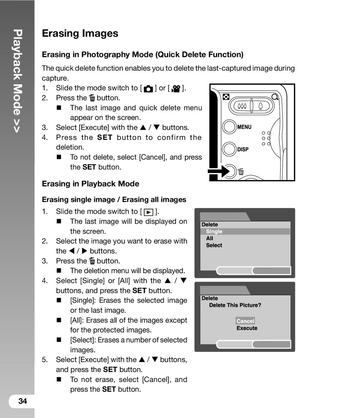 Sealife DC800 manual Erasing Images, Erasing in Photography Mode Quick Delete Function, Erasing in Playback Mode 