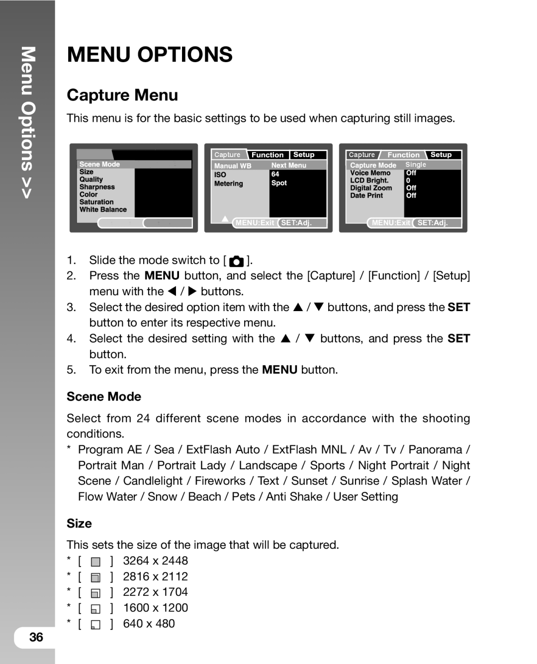 Sealife DC800 manual Menu Options, Capture Menu, Scene Mode, Size 