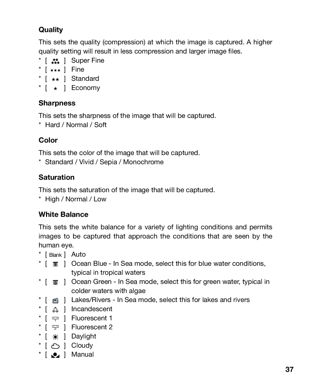 Sealife DC800 manual Menu Options 