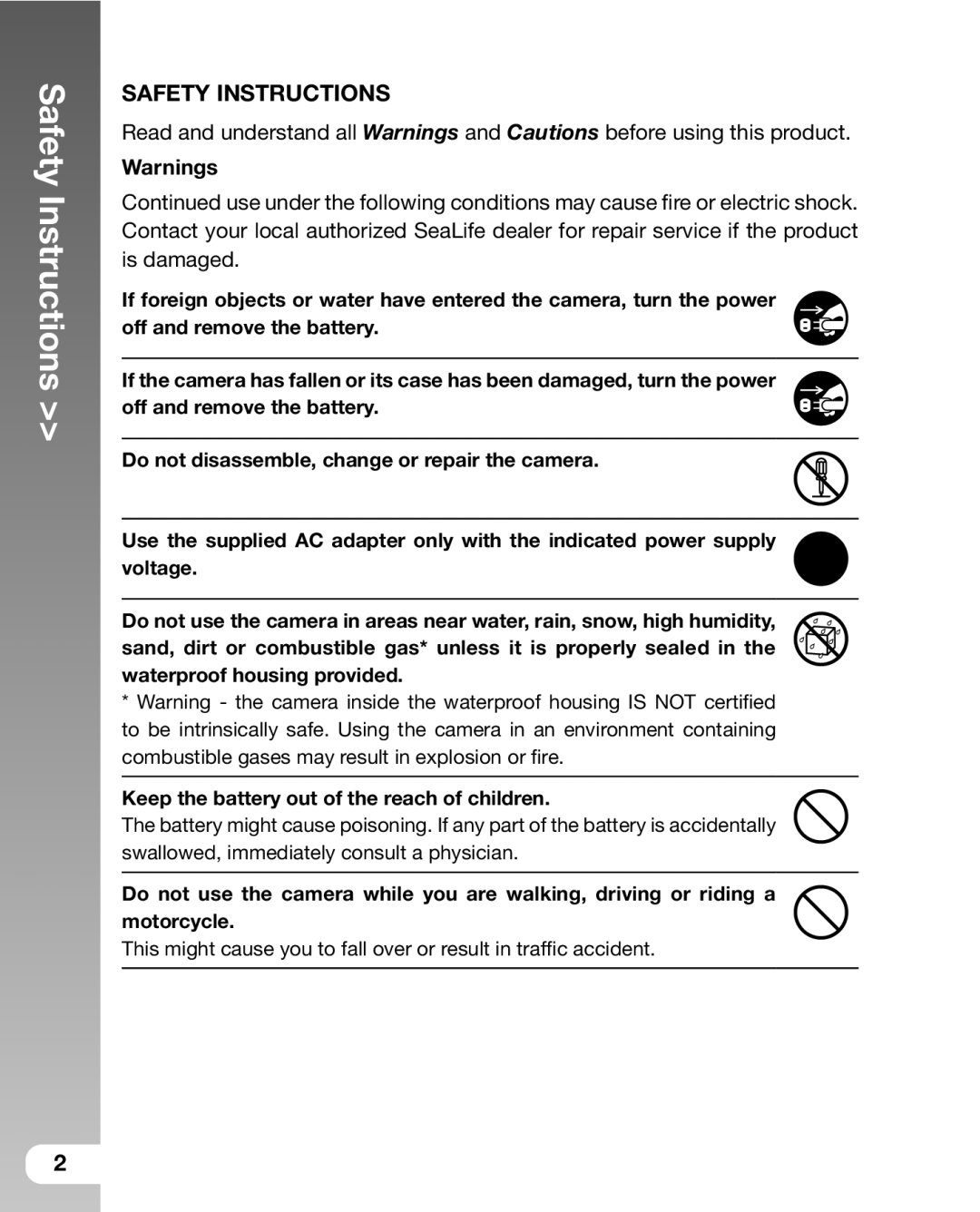 Sealife DC800 manual Safety Instructions 