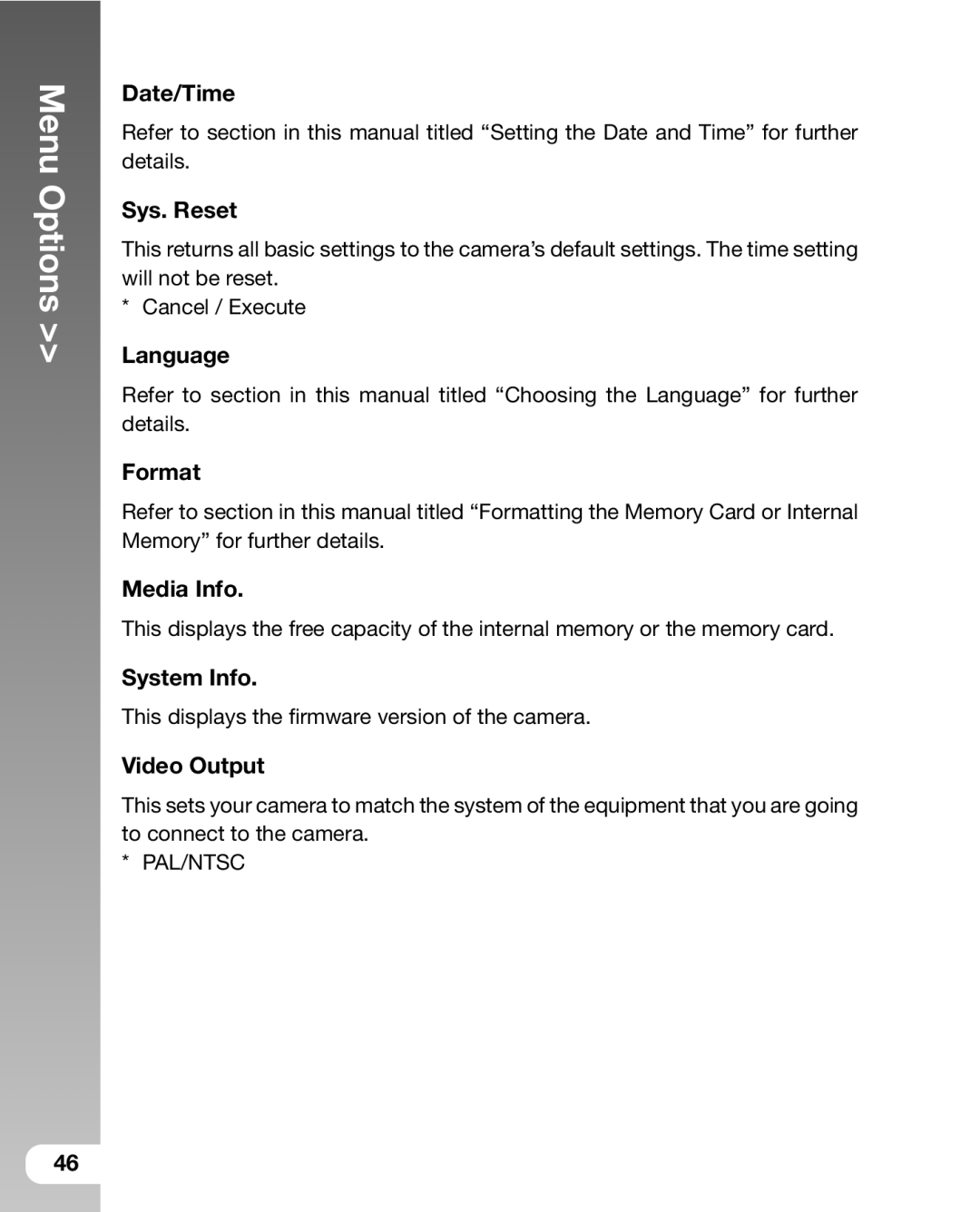 Sealife DC800 manual Date/Time, Sys. Reset, Language, Format, Media Info, System Info, Video Output 