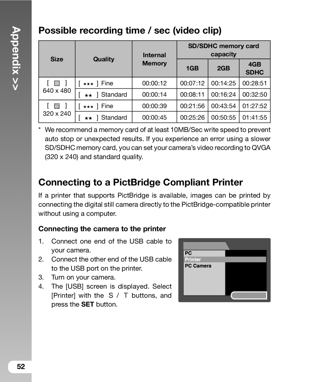 Sealife DC800 manual Possible recording time / sec video clip, Connecting to a PictBridge Compliant Printer 